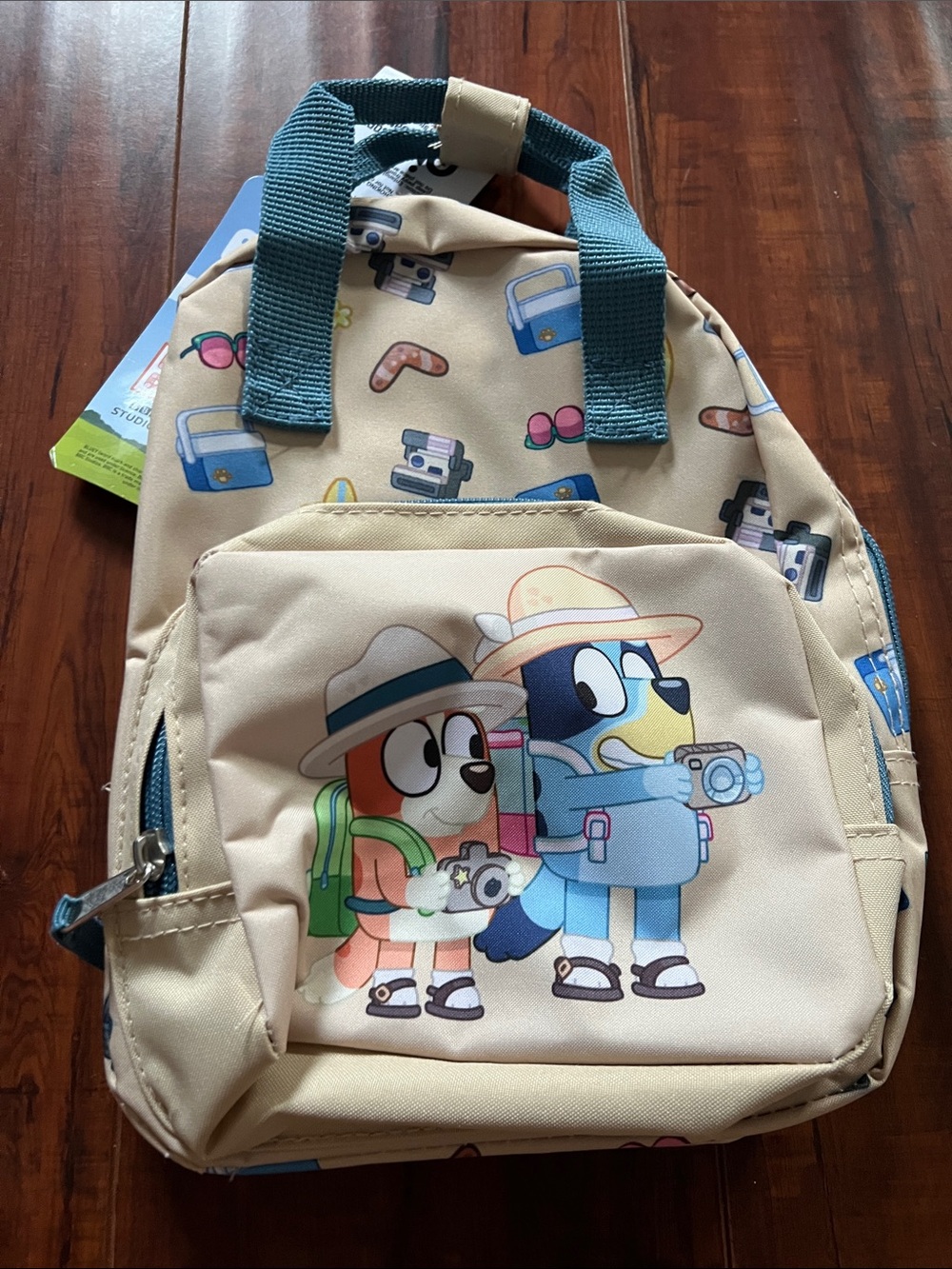 Kids Beige Cartoon Camera Backpack with Teal Handles